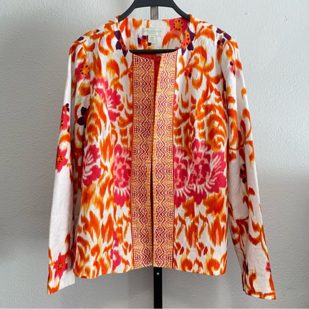 Women's Orange Floral Jacket 10P Retro Indie Eclectic Layer Transitional